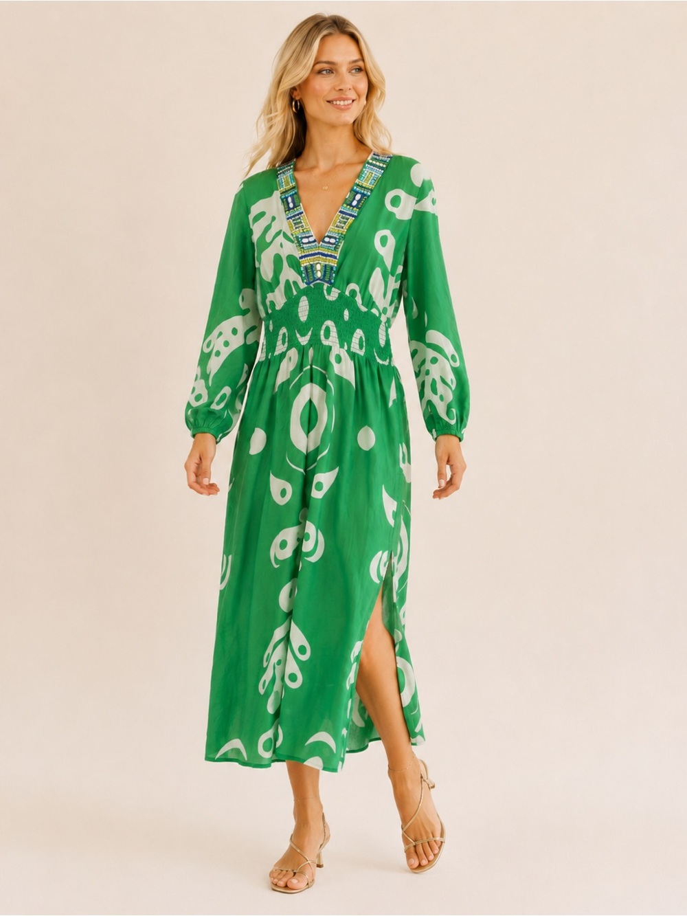 Sheridan French Green Midi Dress with Beaded V-Neck size medium